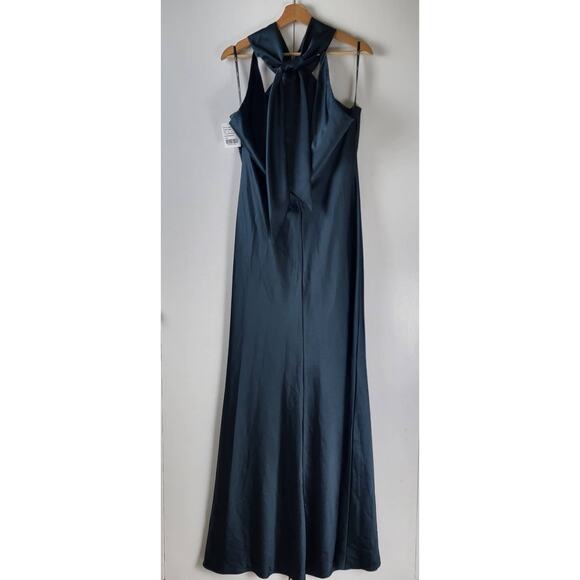 NWT LOVELY Dessy Collection Twist Halter Charmeuse Tie Back Trumpet Maxi Gown L - Picture 5 of 11